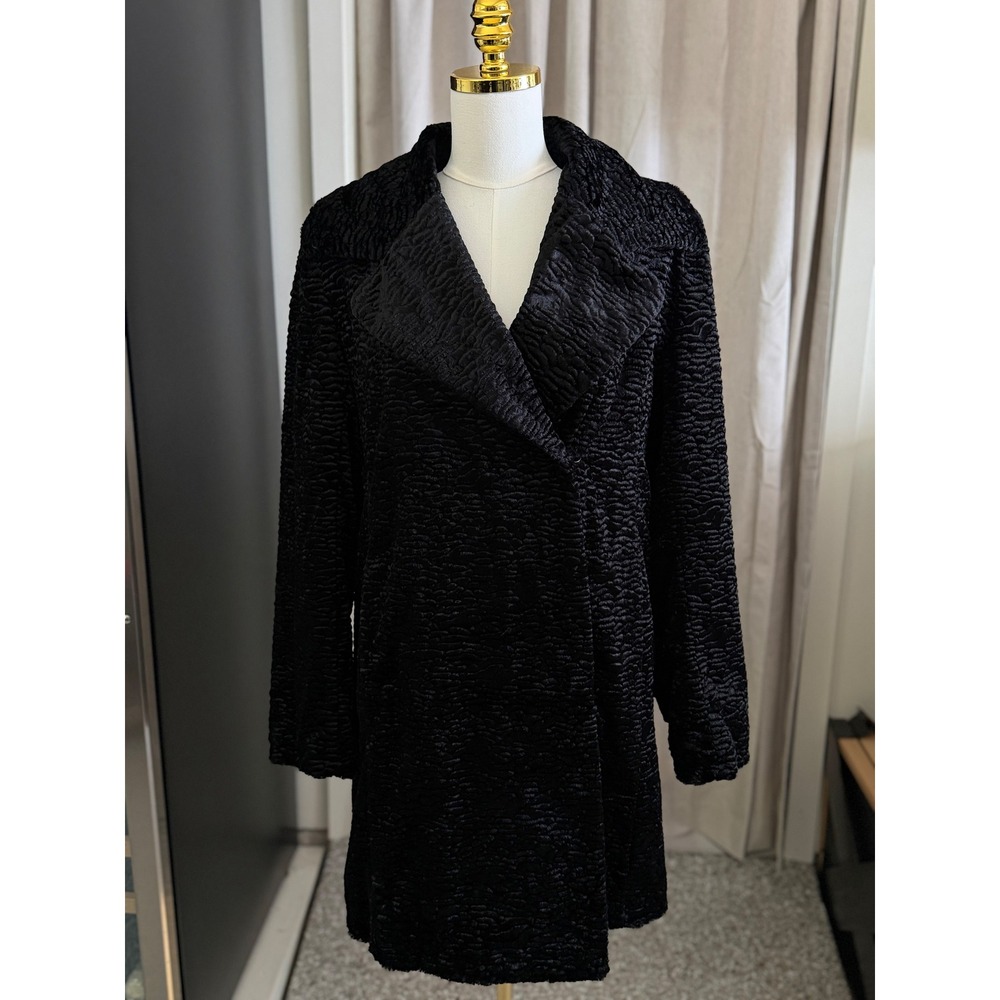 Calvin Klein Womens Black Faux Fur Astrakhan Textured Coat Mid Length‎ Size M